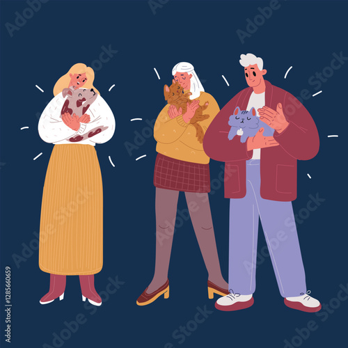 Cartoon vector illustration of animal lovers with cats and dogs at a pet exhibition, celebrating companionship and animal care over dark background