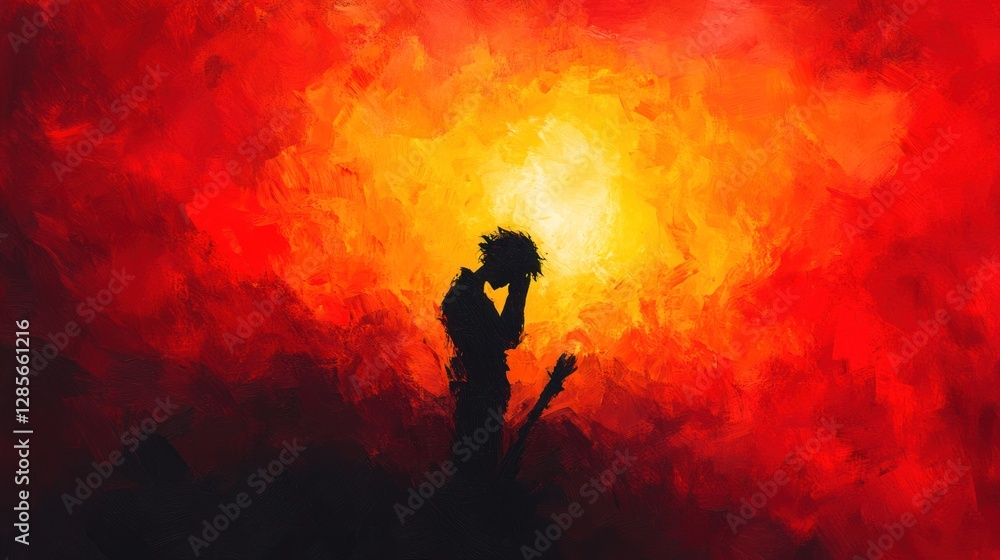 Fototapeta premium Figure in Despair: Abstract Painting with Hands Covering Face under Fiery Red Sky