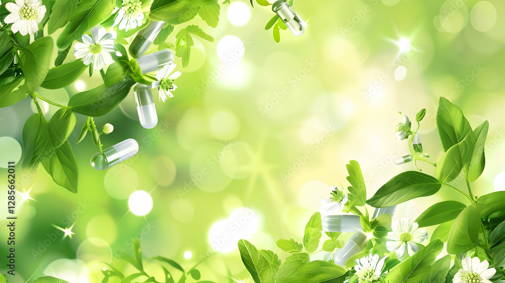 Lush green backdrop featuring herbal elements and capsules, symbolizing natural wellness and vitality Lush green backdrop featuring herbal elements and capsules, symbolizing natural wellness and vitality