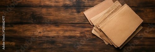 Stacked Brown Paper Folders on Rustic Wooden Table Surface in Soft Lighting