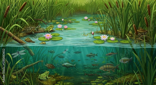 Vibrant wetland ecosystem teeming with life above and below water