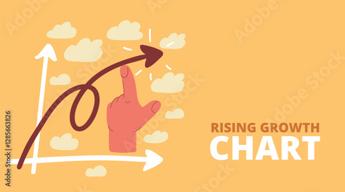 Cartoon vector illustration of an index finger directing an upward-moving graph, representing leadership, growth, and achieving success.