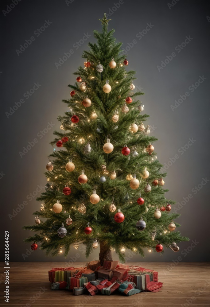 Full and lush pine Christmas tree with ornaments and lights , christmas tree, merry ambiance, cozy atmosphere Full and lush pine Christmas tree with ornaments and lights , christmas tree, merry ambiance, cozy atmosphere
