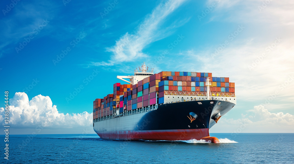 Large container ship carrying colorful cargo containers navigating the ocean under a bright blue sky