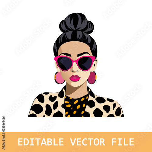 A stylish woman with an elegant updo in a modern flat illustration, featuring rich textures and a playful cartoon style.