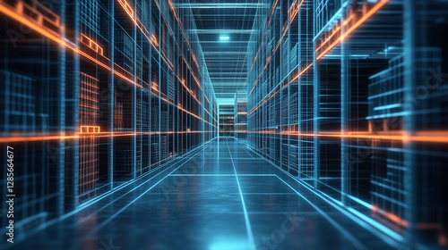 Blue and orange lines forming a futuristic wireframe of a warehouse, glowing against a dark background, evoke a sense of advanced technology