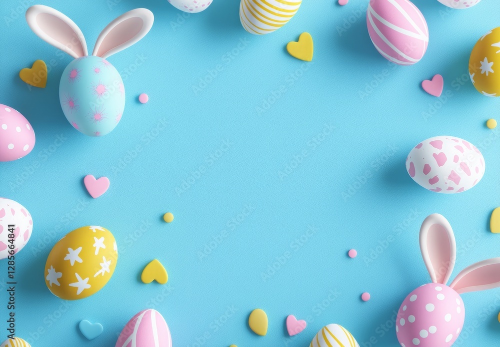 A bright and cheerful image showcasing bunny ears framed with colorful heart-shaped eggs, encapsulating the love and joy of festive Easter celebrations. A bright and cheerful image showcasing bunny ears framed with colorful heart-shaped eggs, encapsulating the love and joy of festive Easter celebrations.