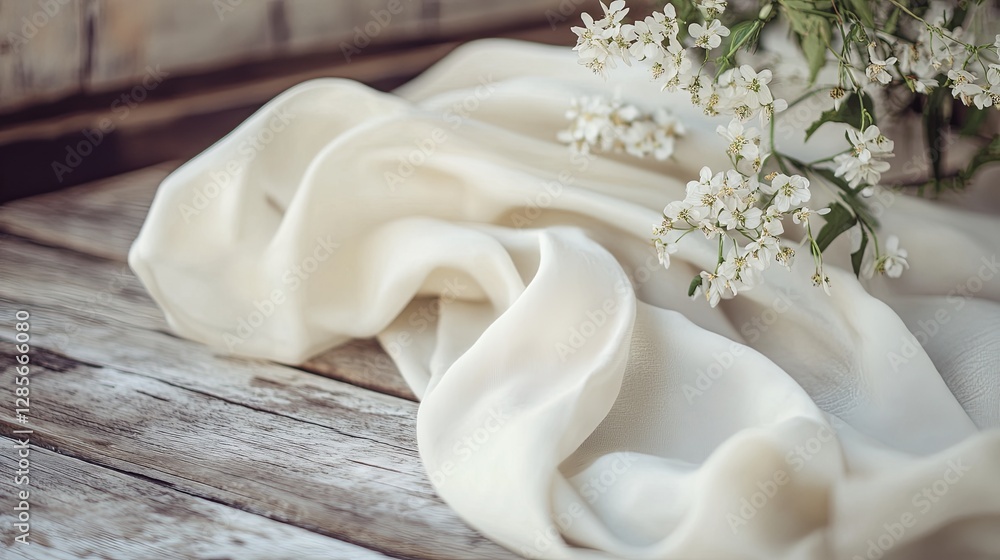 Soft-focus white fabric draped elegantly on a rustic wooden table, Slow Living Festival. Soft-focus white fabric draped elegantly on a rustic wooden table, Slow Living Festival.