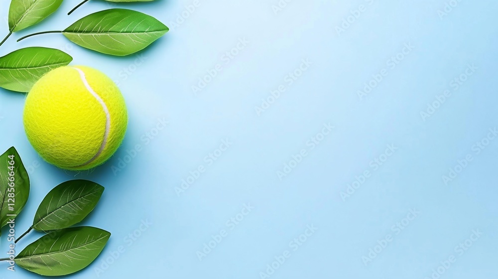 A tennis ball surrounded by green leaves on a blue background