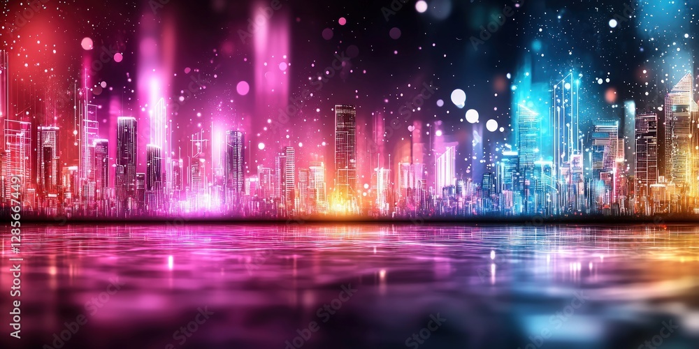 Fototapeta premium Vibrant City Skyline at Night with Colorful Lights and Reflections