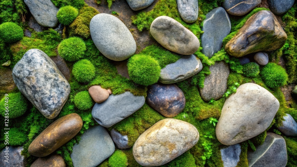 Serene Garden Arrangement Featuring Smooth River Rocks Embedded in Lush Green Moss