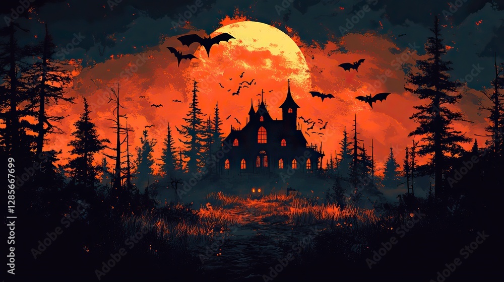 Set the mood for a spooky Halloween with this haunting background featuring a creepy haunted house, silhouetted bats, and a classic orange and black color scheme Set the mood for a spooky Halloween with this haunting background featuring a creepy haunted house, silhouetted bats, and a classic orange and black color scheme