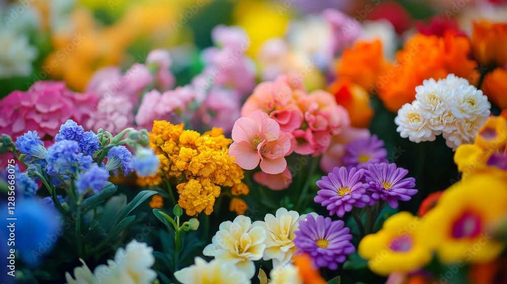 Obraz premium A close-up picture shows lots of flowers in different colors during summer and spring.