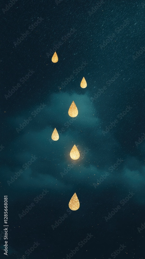 Fototapeta premium Sparkling golden raindrops gliding through a dark sky with dramatic clouds in a mystical and enchanting atmosphere