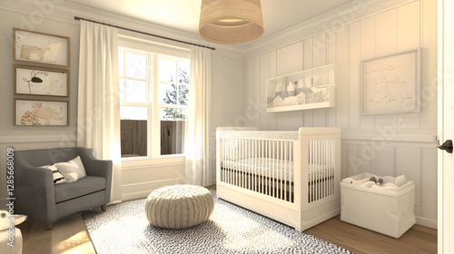 Modern Nursery Room Interior Design Featuring Crib Armchair and Elegant Decor in Neutral Tones : Generative AI