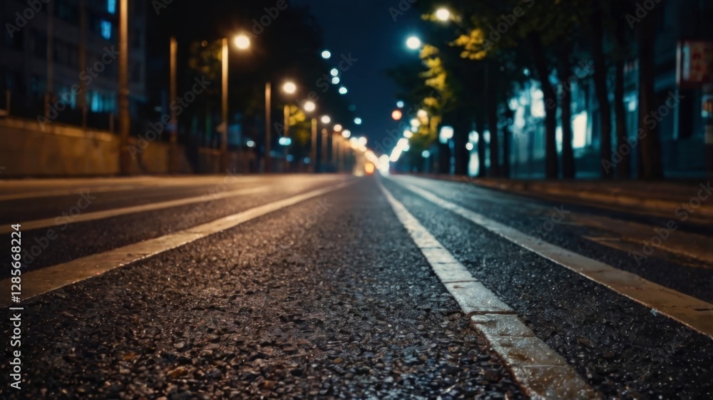 Empty City Street at Night with Streetlights and Asphalt Road Empty City Street at Night with Streetlights and Asphalt Road