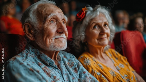 Elderly couple enjoying a live performance in a theater while surrounded by an audience during an evening event photo