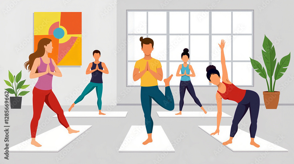 Fototapeta premium Flat Illustration of Yoga Studio with Practicing Students