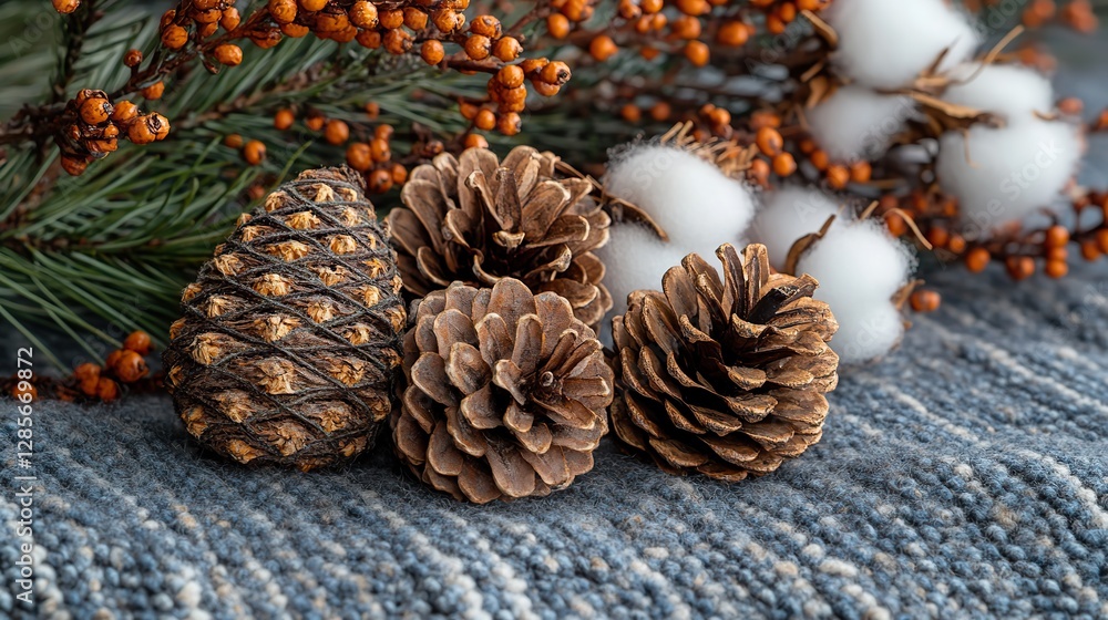 Simple comforts cozy plaid, anise, pine cone, and cotton branch on pastel grey. Simple comforts cozy plaid, anise, pine cone, and cotton branch on pastel grey.