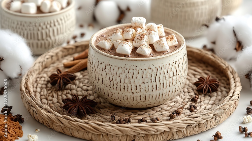 Simple comforts hot chocolate, marshmallow, rattan mat, spices, and cotton branch on white. Simple comforts hot chocolate, marshmallow, rattan mat, spices, and cotton branch on white.