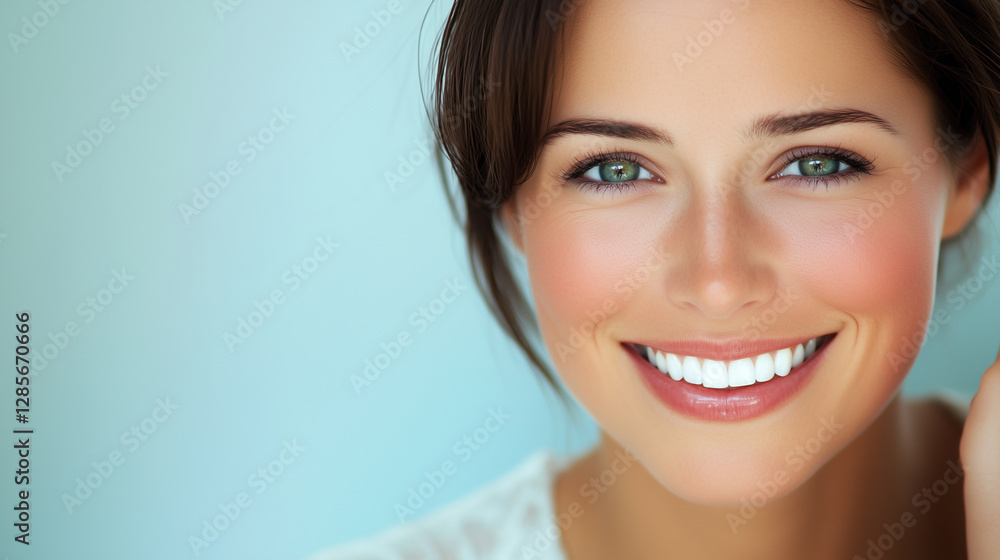 Naklejka premium Smiling woman with glossy lips and radiant white teeth against a blue background