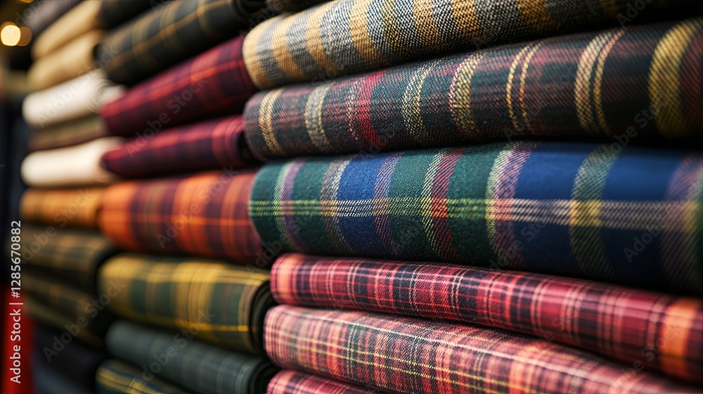 Tartan Day: Tailoring workshop with classic tartan fabrics arranged in stacks. Tartan Day: Tailoring workshop with classic tartan fabrics arranged in stacks.