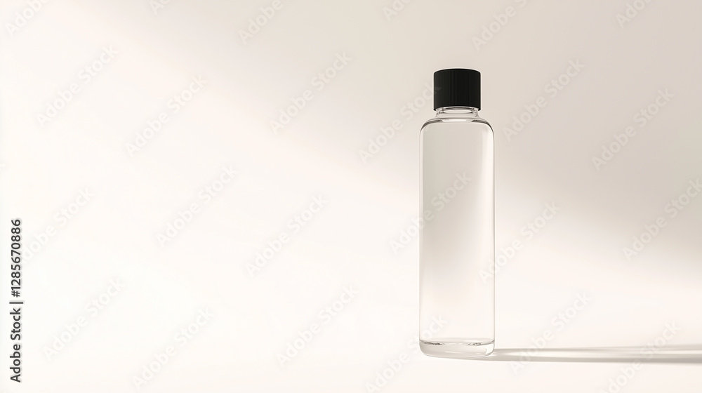 Minimalist tall glass bottle with matte black cap in soft lighting Minimalist tall glass bottle with matte black cap in soft lighting