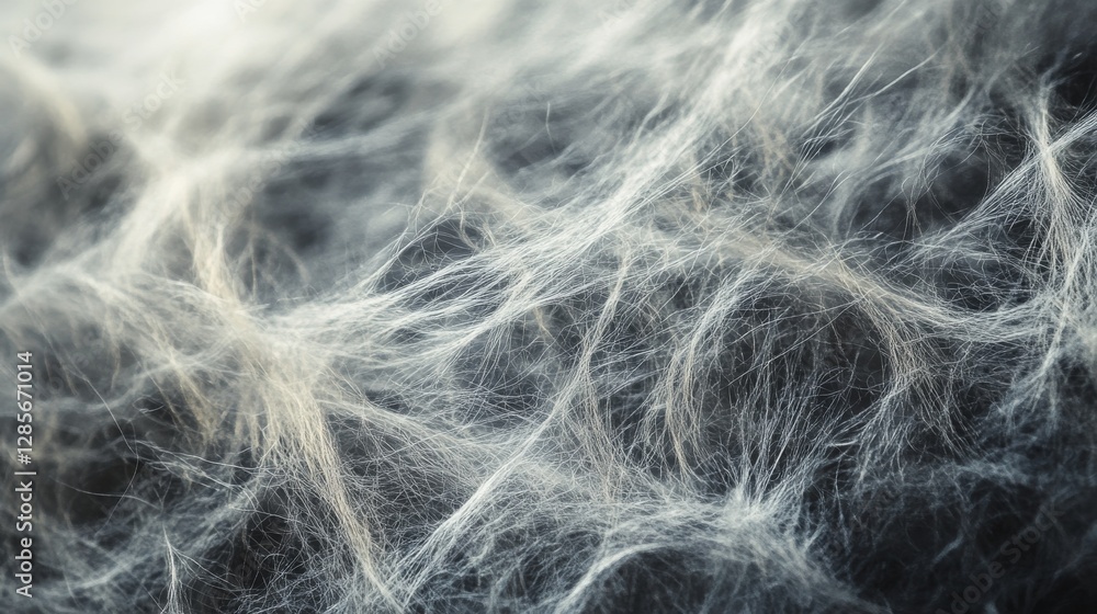 Obraz premium Close-up photo of gray fibers forming a furry, tangled pattern like wool or fabric. The picture shows the fine details of the interwoven strands with a hazy, dreamy effect.