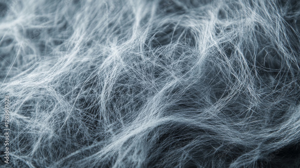 Obraz premium Close-up photo of gray fibers forming a furry, tangled pattern like wool or fabric. The picture shows the fine details of the interwoven strands with a hazy, dreamy effect.