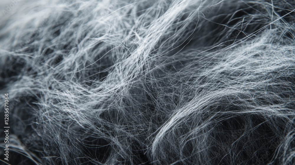 Obraz premium Close-up photo of gray fibers forming a furry, tangled pattern like wool or fabric. The picture shows the fine details of the interwoven strands with a hazy, dreamy effect.