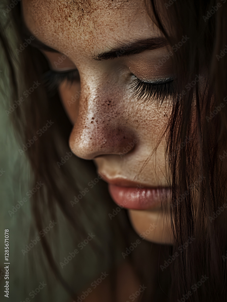 Emotive Portrait of a Woman with Freckles Highlighting Natural Beauty : Generative AI Emotive Portrait of a Woman with Freckles Highlighting Natural Beauty : Generative AI