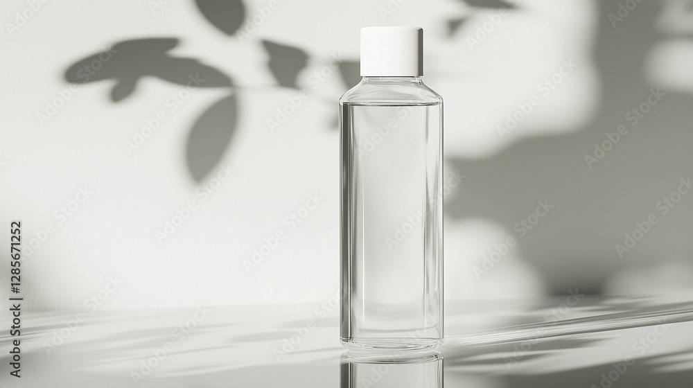 Minimalist clear plastic water bottle with white cap and dramatic lighting Minimalist clear plastic water bottle with white cap and dramatic lighting