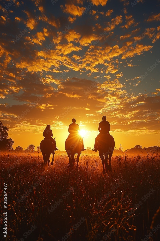 Fototapeta premium A group of people riding horses in a field at sunset