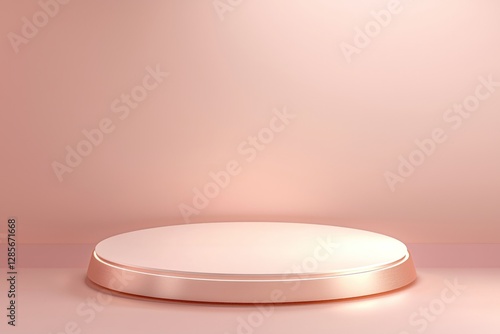 Round podium against a soft baby pink background, premium showcase with subtle highlights.