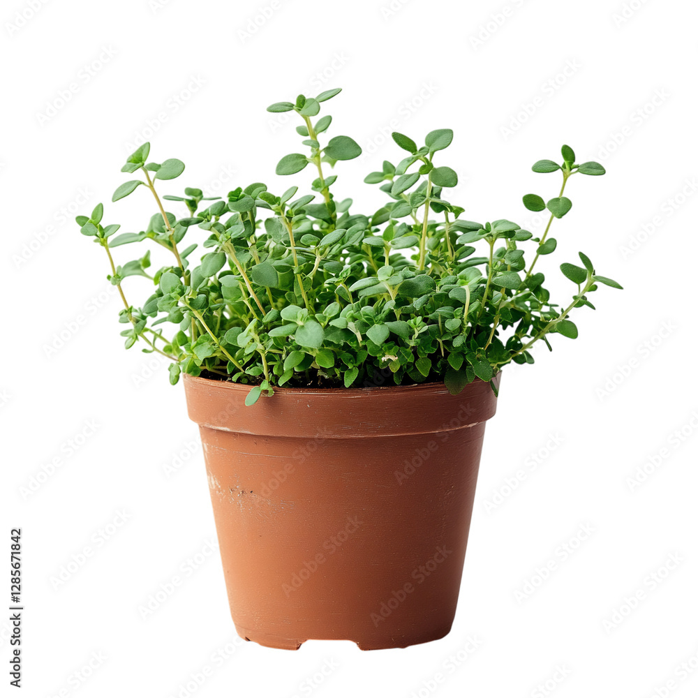 A Small Potted Thyme Plant with Aromatic Green Leaves Isolated on Transparent Background A Small Potted Thyme Plant with Aromatic Green Leaves Isolated on Transparent Background