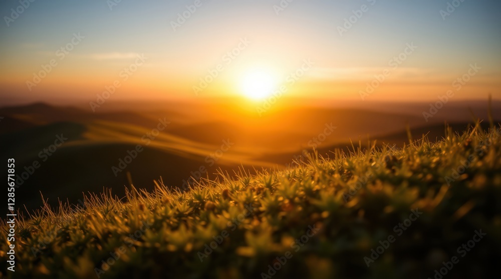Obraz premium Sunset over rolling hills, golden light filtering through the grass, creating a serene and peaceful scene.