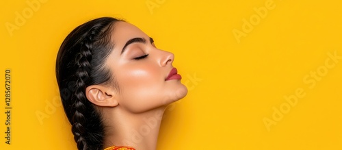 Portrait of a woman with braided hair against a bright yellow background showcasing elegance and natural beauty