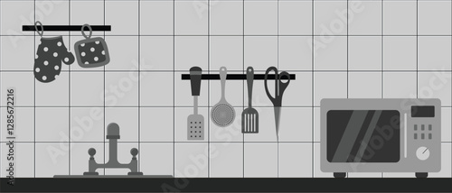 Vector illustration of a kitchen interior with a set of kitchen utensils and a microwave oven.