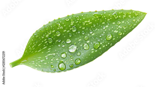 An aloe vera leaf with water drops on a empty background, close-up, studio shot.