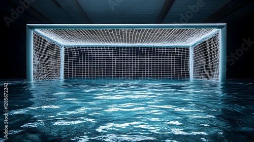 Water polo goal floating in water with a moody lighting effect