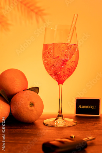 Glas mit orangefarbenem Getränk, im Vordergrund ein Autoschlüssel und im Hintergrund Orangen und ein Schild mit der Aufschrift ALKOHOLFREI  zu sehen, vertikal         photo