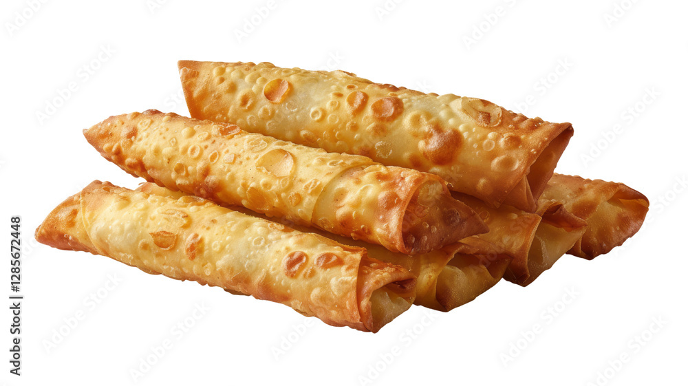 Long, golden egg rolls stacked on top of each other against a empty background, highlighting detailed texture, shadows, and highlights. Long, golden egg rolls stacked on top of each other against a empty background, highlighting detailed texture, shadows, and highlights.