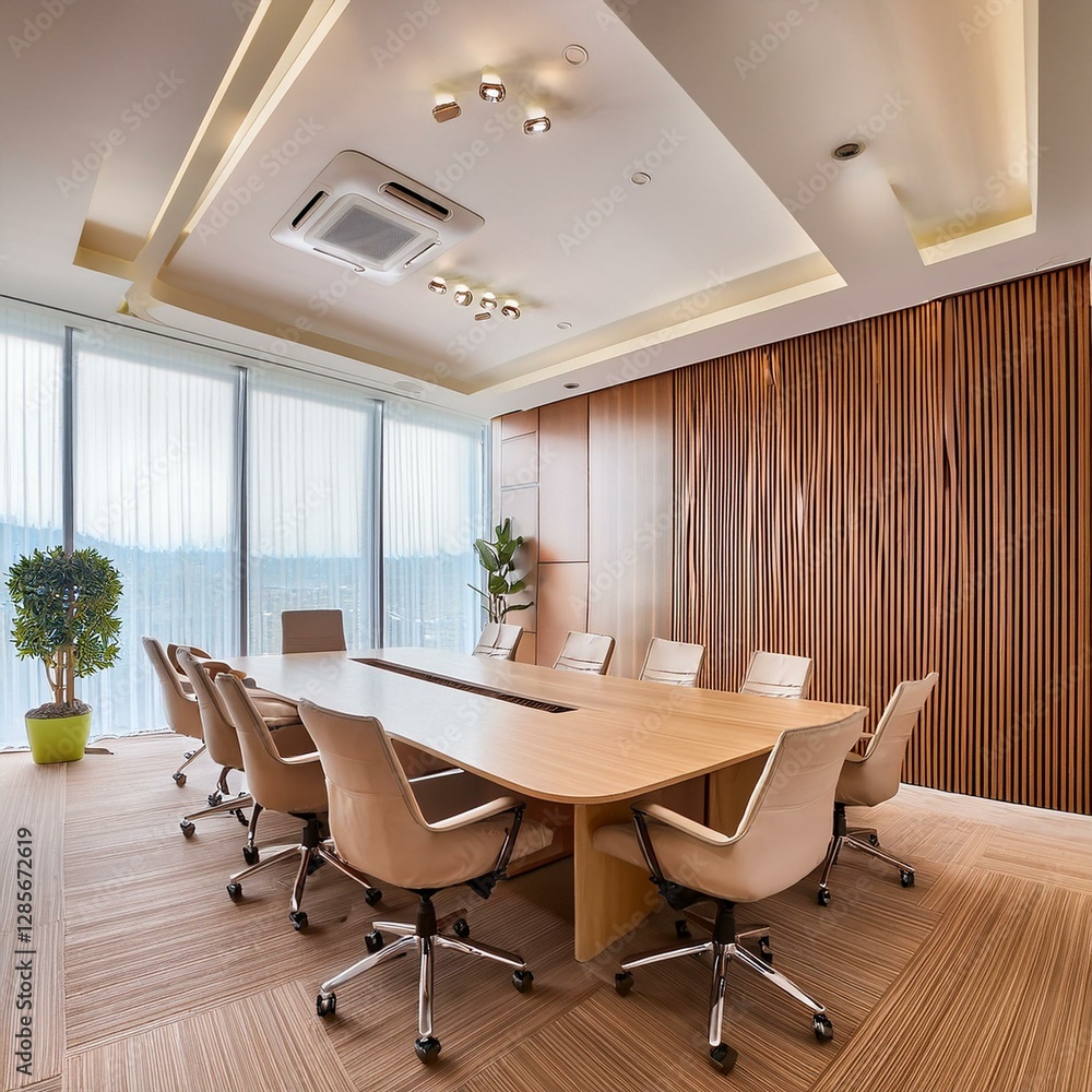 Fototapeta premium Beige and wooden meeting room interior