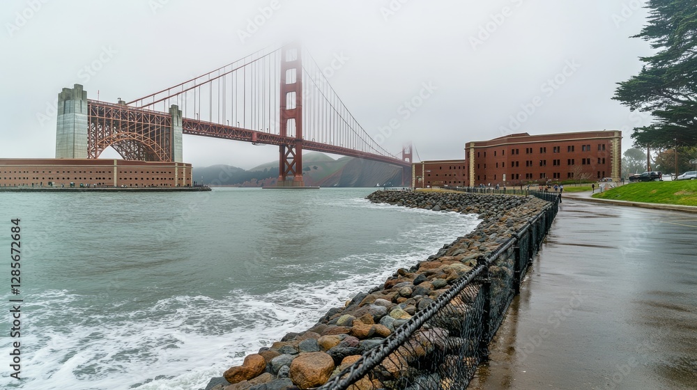 Fototapeta premium Early morning fog blankets the iconic Golden Gate Bridge in San Francisco, creating a surreal and picturesque scene.