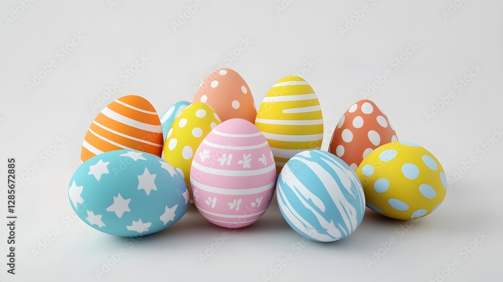 Fototapeta premium Colorful 3D Rendered Easter Eggs Poster with Festive Pastel Patterns and Textures