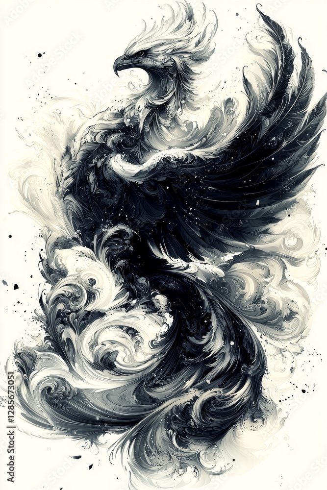 Fototapeta premium A black and white drawing of a phoenix bird