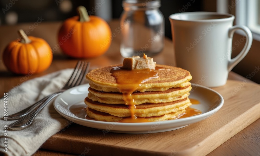 Delicious pancakes with syrup drizzle Delicious pancakes with syrup drizzle