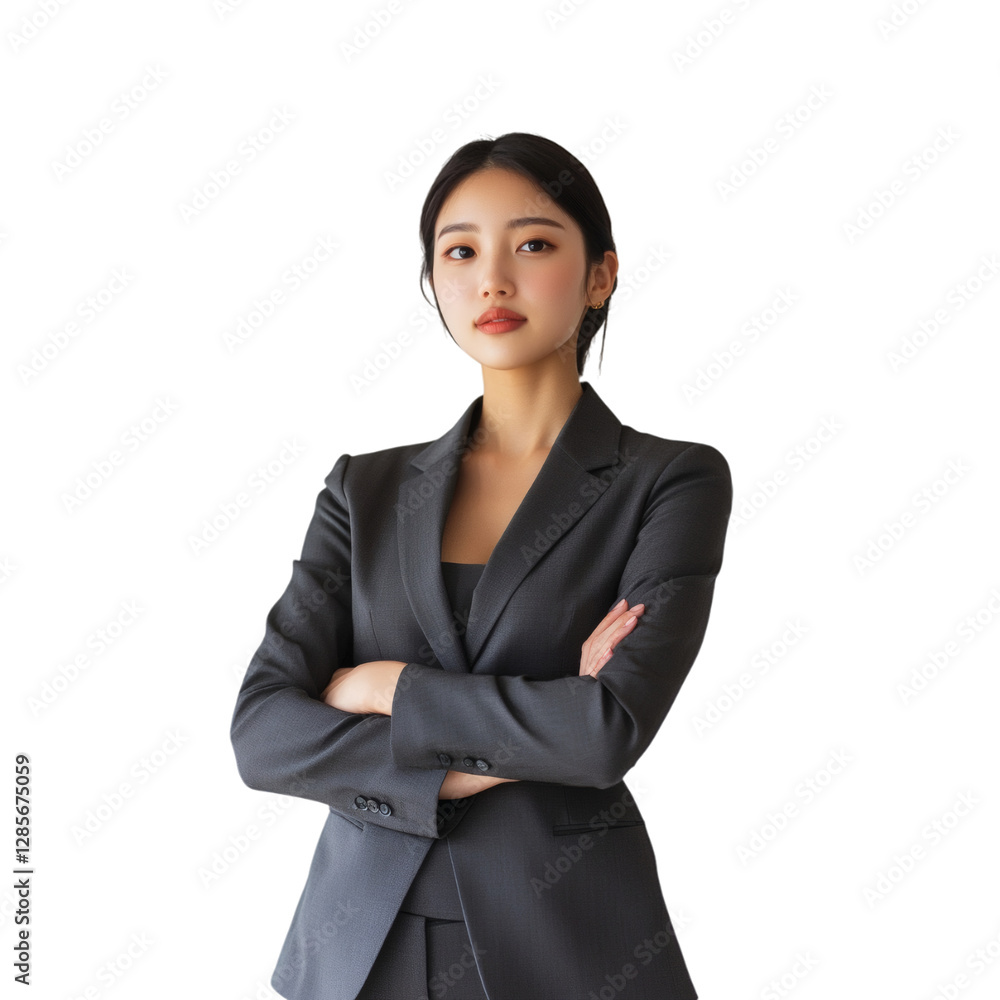 A Korean Woman in Charcoal Gray Tailored Blazer Isolated on Transparent Background A Korean Woman in Charcoal Gray Tailored Blazer Isolated on Transparent Background