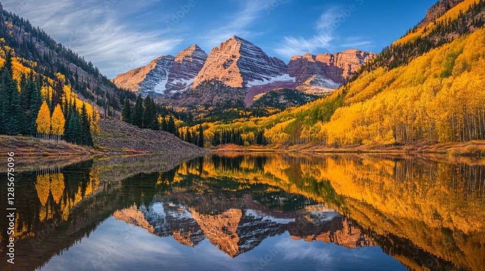 Naklejka premium Maroon Bells, majestic peaks, stand tall beside serene Maroon Lake. Autumn's fiery hues paint the aspen trees surrounding the lake, casting a breathtaking reflection in its glassy waters.
