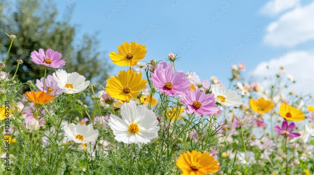 Colorful cosmos flowers bloom under a sunny sky Colorful cosmos flowers bloom under a sunny sky
